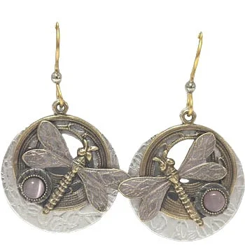 Ladies Rhinestone Studded Earrings -Silver Forest Dragonfly Round Circle Earrings