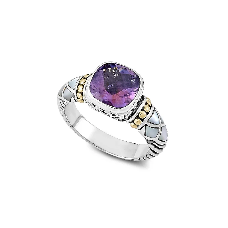 Ladies Triangular Rings -Cushion Cut Amethyst Ring, Sterling Silver and Gold Plating