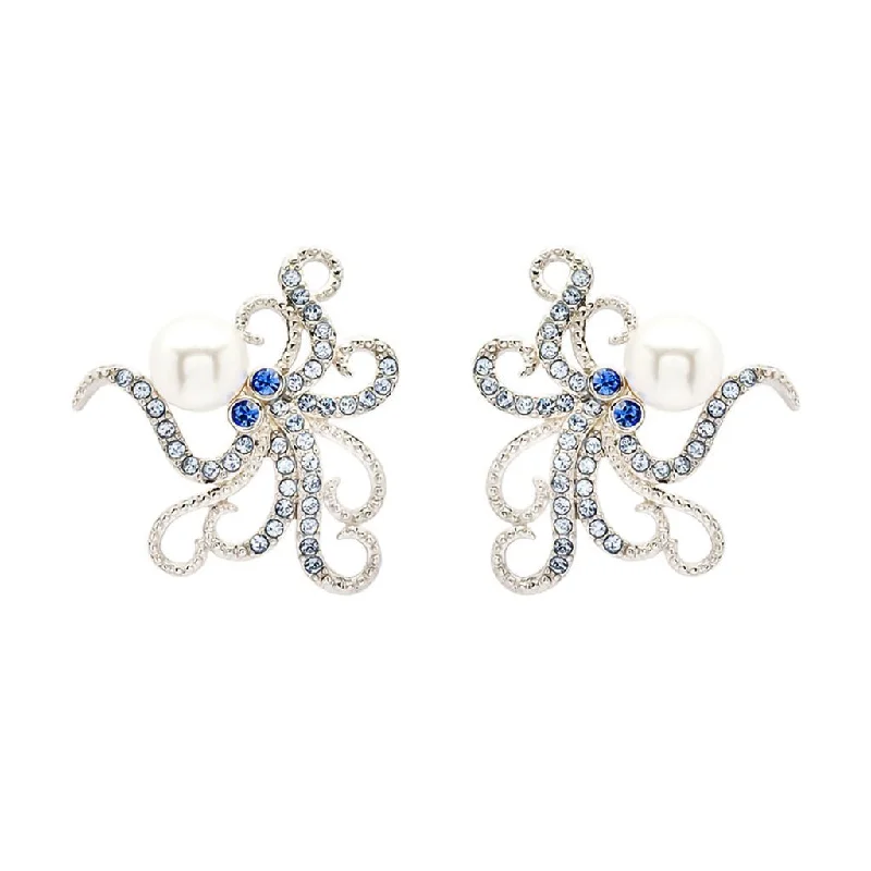 Ladies Artisan Handmade Earrings -Ocean : Sterling Silver Pearl with Blue Crystal Octopus Earrings