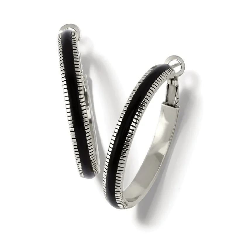 Ladies Space Age Earrings -Brighton : Interlok Noir Heirloom Hoop Earrings in Silver - Black