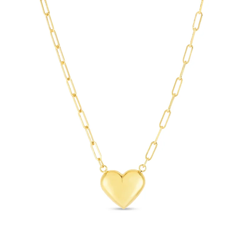 Ladies Necklaces Fine Charm-14K Puffed Heart Paperclip Necklace