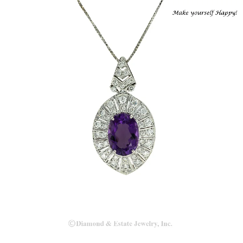 Ladies Necklaces with Crystal Charm-Amethyst Diamond White Gold Pendant Necklace