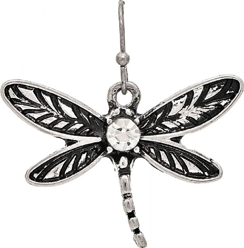 Ladies Matte Finish Earrings -Rain : Silver Crystal Heart Dragonfly Earrings