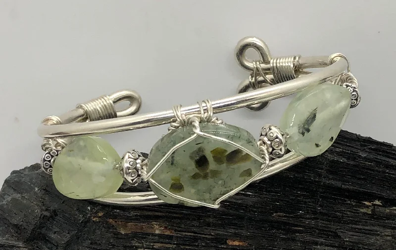 Ladies Bracelets Wide Band-Prehnite w/Prehnite Side Stones Sterling Silver Wirewrapped Bracelet