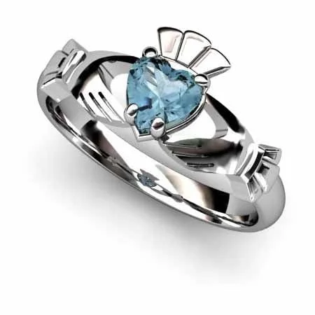 Ladies Serenity Band Rings -Aqua Marine White Gold Claddagh Ring <font color="#FF0000"> IN STOCK!  Ships in 48 Hours!</font>