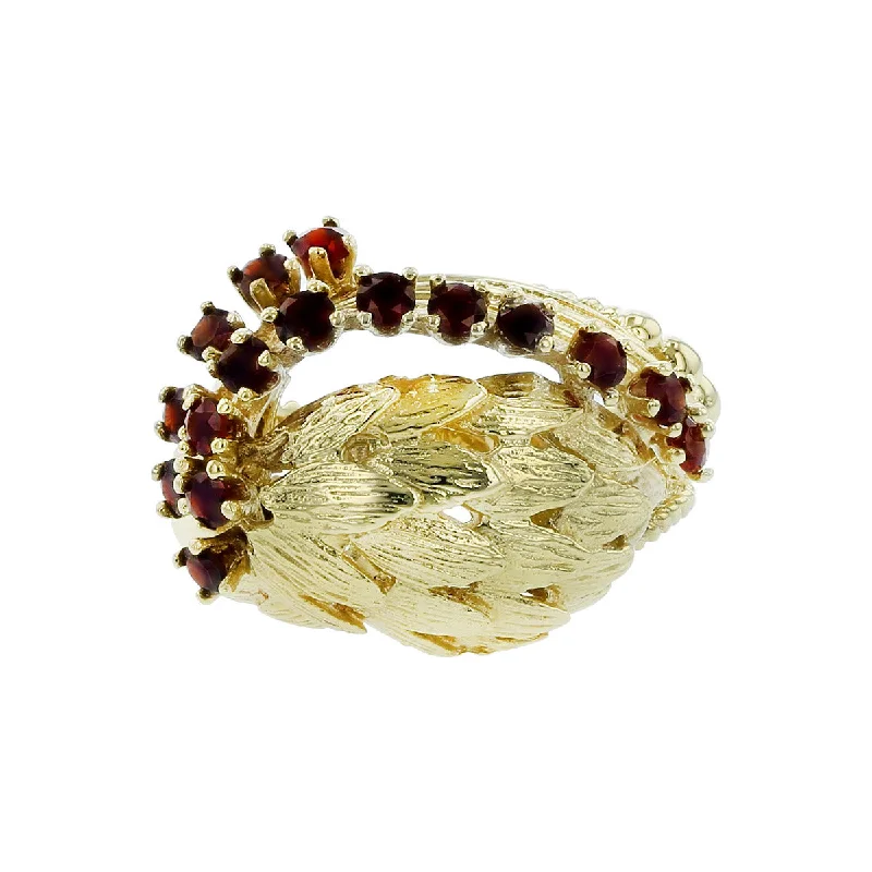 Ladies Retro Charm Rings -14K Yellow Gold Almandine Garnet Feather Ring