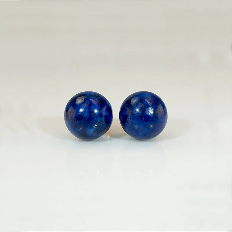 Ladies Turquoise Accent Earrings -Lapis Lazuli Orbs in Gold Stud Earrings