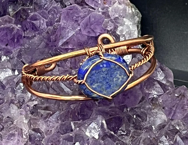 Ladies Bracelets with Dark Obsidian-Lapis Lazuli Wirewrapped Copper Bracelet