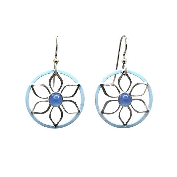 Ladies Serenity Stud Earrings -Silver Forest Open Flower With Blue Onyx Silver Metal Earrings