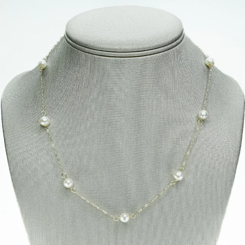 Ladies Necklaces with White Leucite-Pearl Station 17" Necklace in 14K Yellow Gold