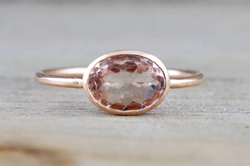 Ladies Autumn Hue Rings -Oval Morganite 14k Rose Gold Bezel Birthstone Gemstone Stackable Ring East West