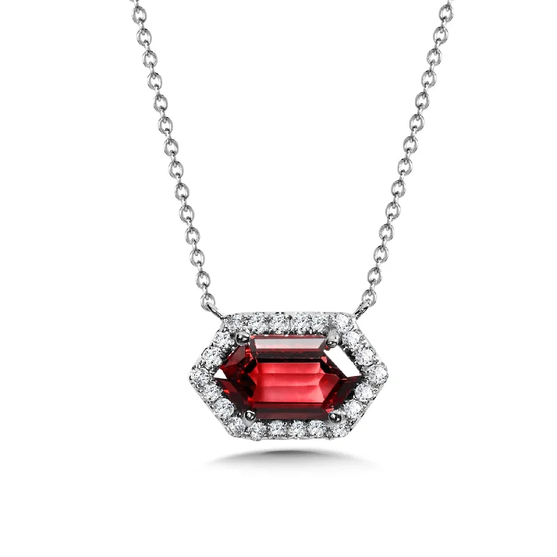 Ladies Necklaces for Student Spark-Garnet and Diamond Halo Necklace in White Gold