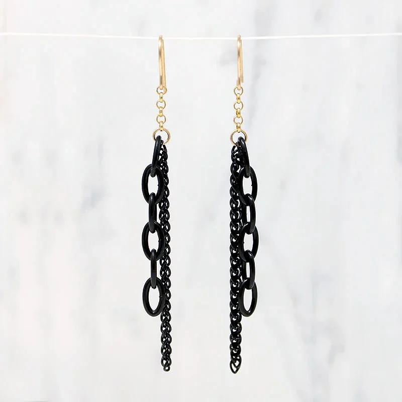 Ladies Inscribed Earrings -Glam Black & Gold Chain Earrings by Brin