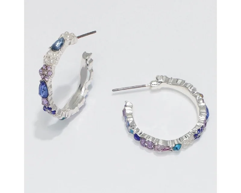 Ladies City Chic Earrings -Periwinkle by Barlow : Silver Hoops Studded with pearls and cool Blue Crystals - Earrings