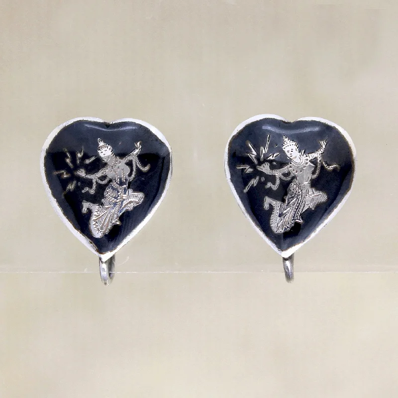 Ladies Cross Symbol Earrings -Heart-Shaped Siam Silver Earrings with Dancing Girls