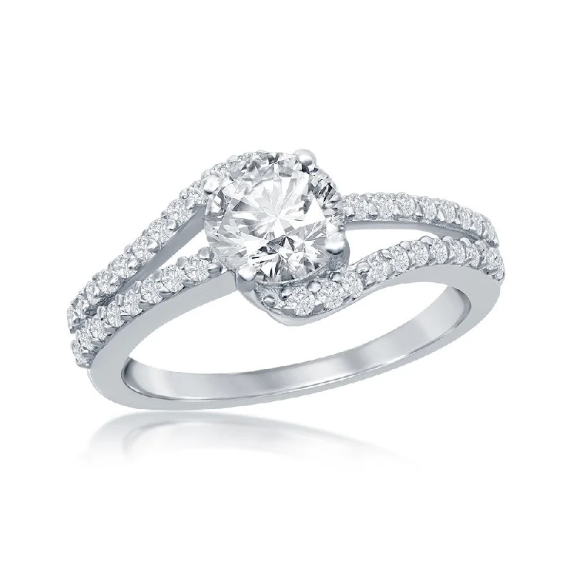 Ladies Romantic Style Engagement Rings -Sterling Silver Double Band CZ Engagement Ring - W-2412