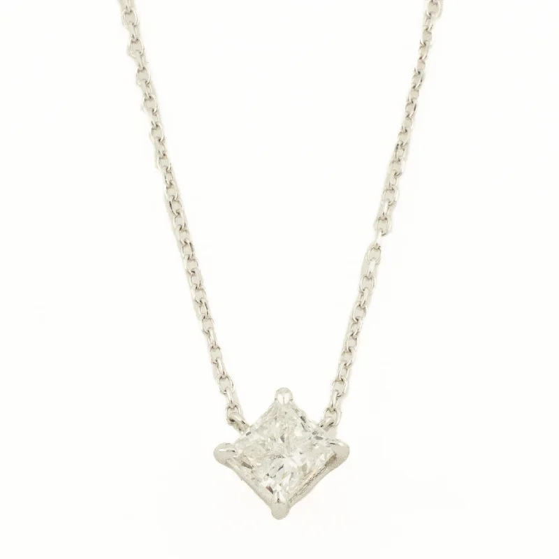 Ladies Necklaces for Photo Glow-0.70ctw Princess Cut Diamond Solitaire 16" Necklace in 14K White Gold