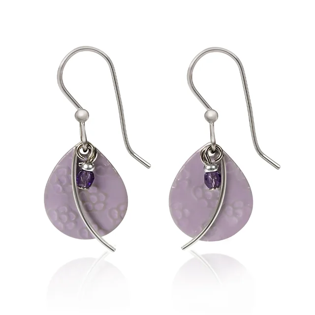 Ladies Sister Love Earrings -Silver Forest Earrings Curvy Silver on Purple Oval with Purple Bead Drop