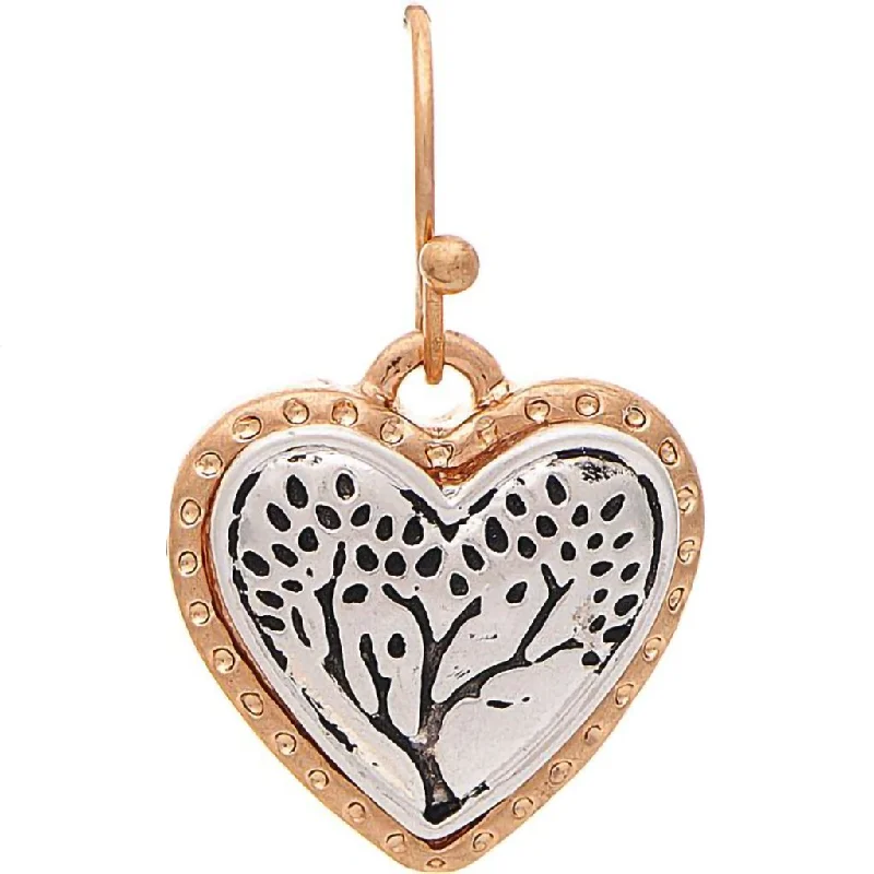 Ladies Square Edge Earrings -Rain : Two Tone Engraved Tree Heart Earring