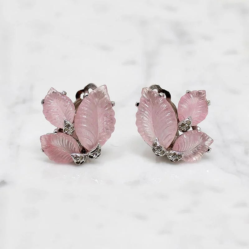 Ladies Ruby Gem Earrings -Pretty Pastel Pink Glass Leaf Jomaz Earrings