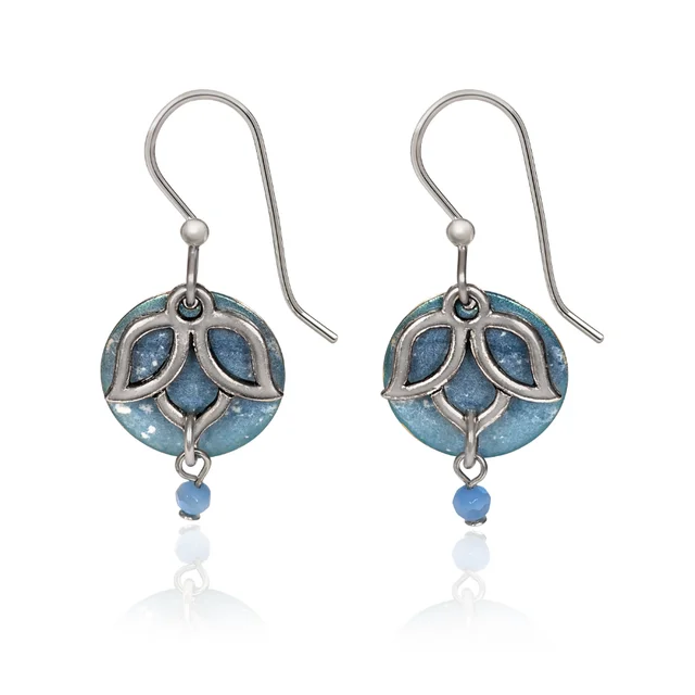 Ladies Black Stone Earrings -Silver Forest Earrings Enlightened Open Lotus Flower on Blue Disc