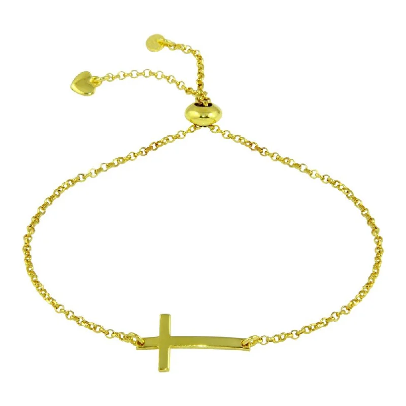 Ladies Bracelets for Bride Spark-Gold Plated 925 Sterling Silver Horizontal Cross Bracelet with Heart Charms - ARB00031GP