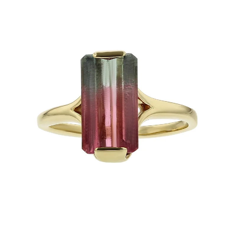 Ladies Ocean Wave Rings -14K Emerald-Cut Watermelon Tourmaline Ring