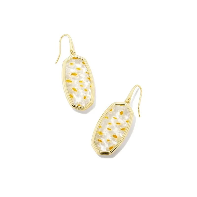 Ladies Glossy Shine Earrings -Kendra Scott : Framed Elle Gold Drop Earrings in White Mosaic Glass