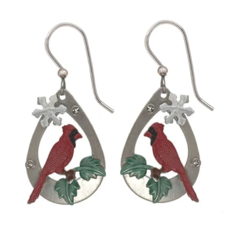 Ladies Single-Tone Earrings -Silver Forest Earrings Red Cardinal Bird in Oval with Crystal and Snowflake