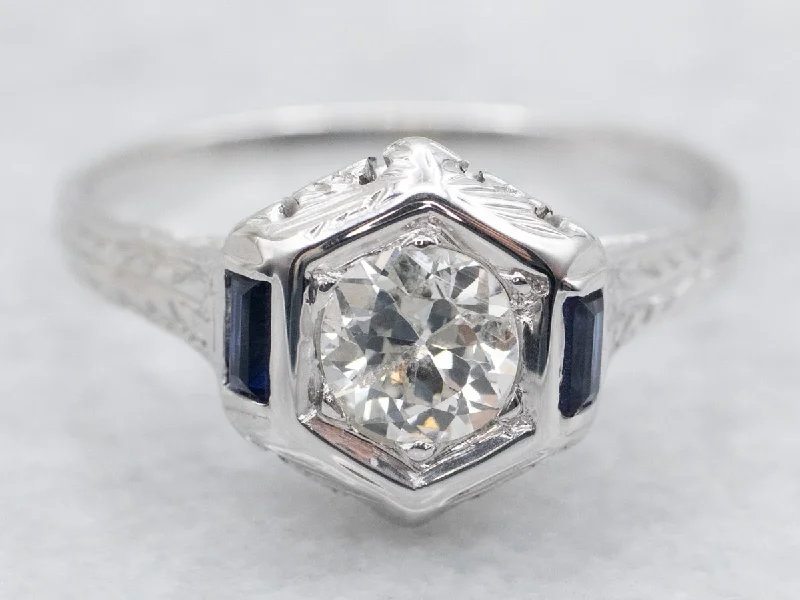 Ladies Energy Engagement Rings -1920's European Cut Diamond and Synthetic Sapphire Engagement Ring