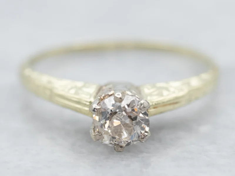 Ladies Glow Engagement Rings -Green Gold Old Mine Cut Diamond Solitaire Engagement Ring with Etched Shoulders