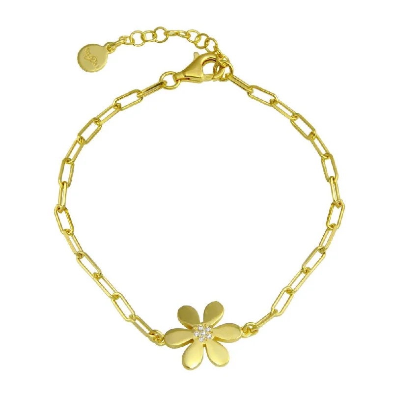 Ladies Bracelets with Moon Shine-Gold Plated 925 Sterling Silver Paperclip Flower CZ Chain Bracelet - ITB00325-GP