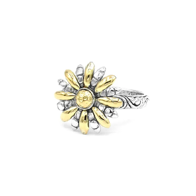 Ladies Slender Band Rings -Sunflower Ring, Sterling Silver and 18K Gold