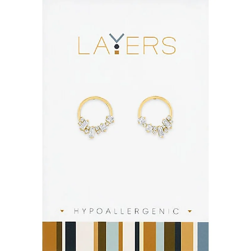 Ladies Modern Trend Earrings -Center Court : Gold Crystal Cluster Hoop Stud Layers Earrings