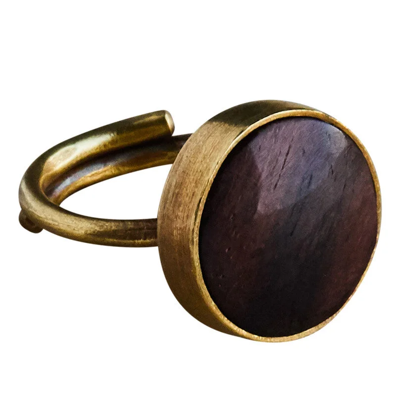 Ladies Satin Finish Rings -Penny Ring, Brass, Dark Wood