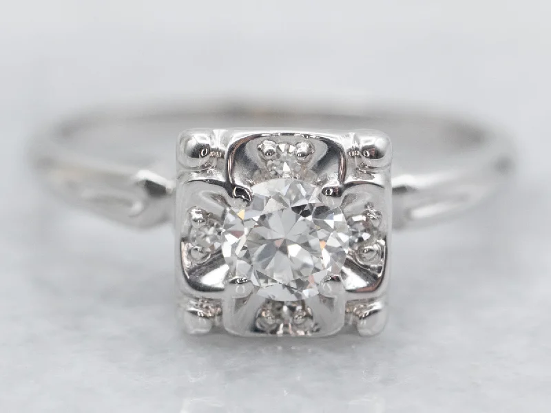 Ladies Elegant Engagement Rings -White Gold Diamond Engagement Ring with Diamond Accents