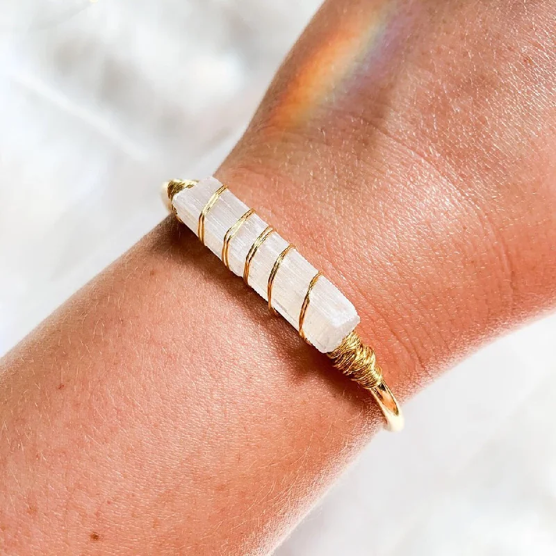 Ladies Bracelets with Crystal Glow-Wire Wrapped Selenite Bangle