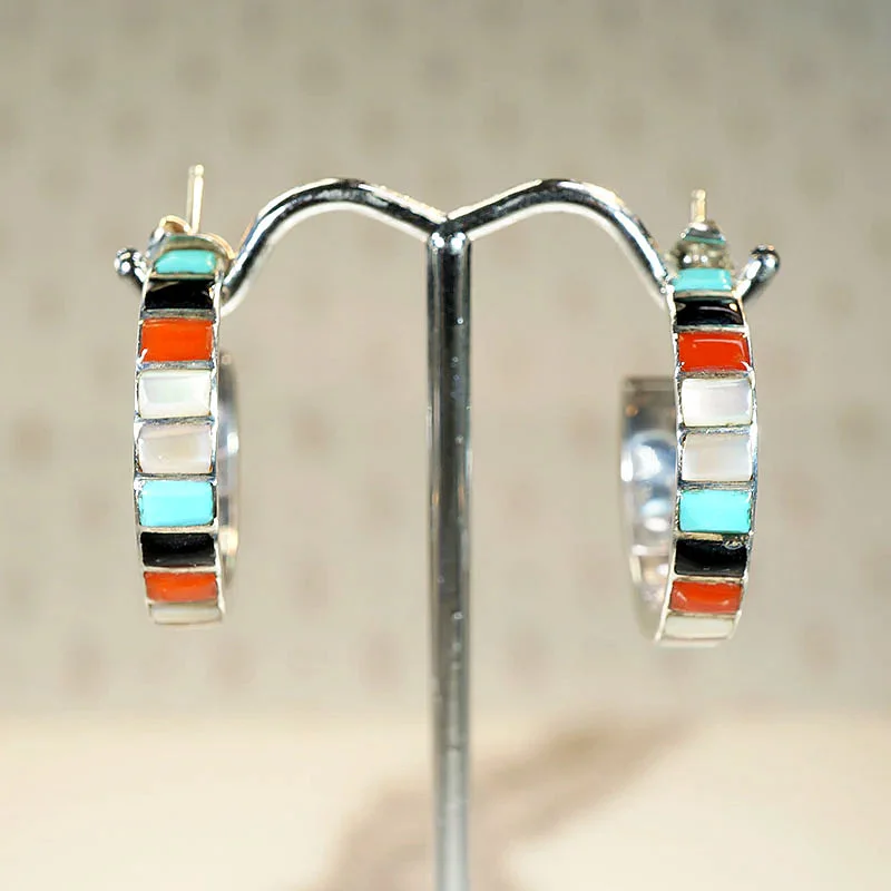 Ladies Subtle Stud Earrings -Colorful Inlay Sterling Silver Hoop Earrings