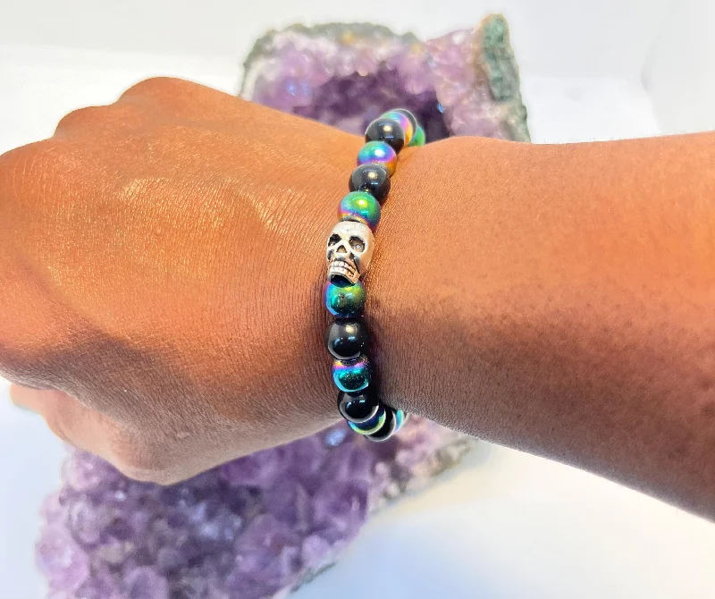 Ladies Bracelets with Blue Chalcanthite-Rainbow Hematite Stretchy Bracelet w/Skull