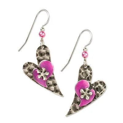 Ladies Pink Quartz Earrings -Silver Forest Earrings Silver Pink Modern Stamped Heart