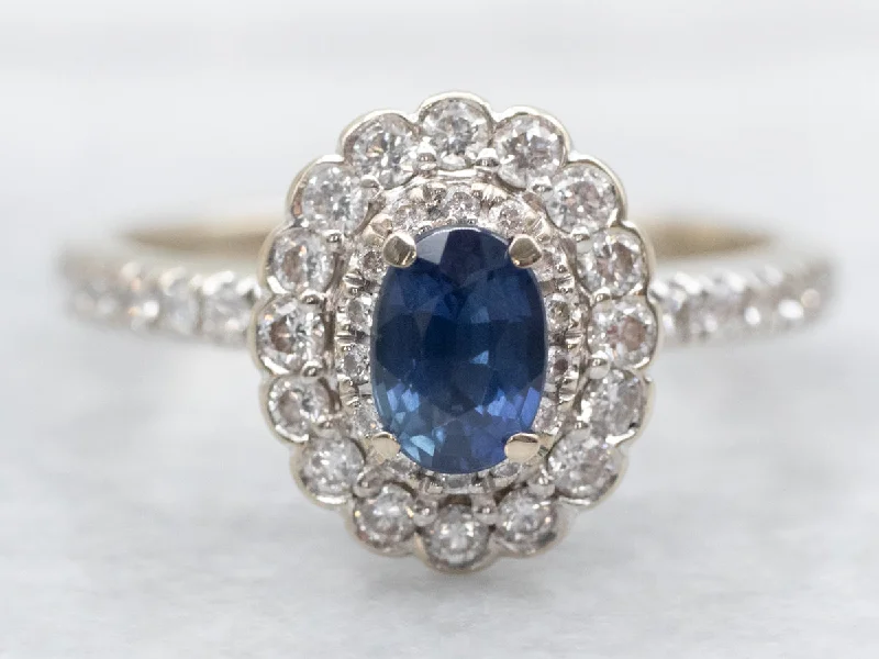 Ladies Signature Engagement Rings -Modern Sapphire and Diamond Halo Engagement Ring