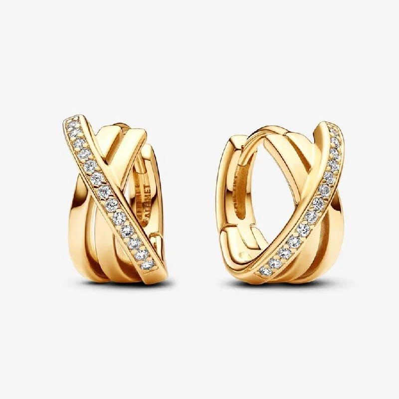 Ladies Square Edge Earrings -PANDORA : Crossover Pavé Hoop Earrings - Gold