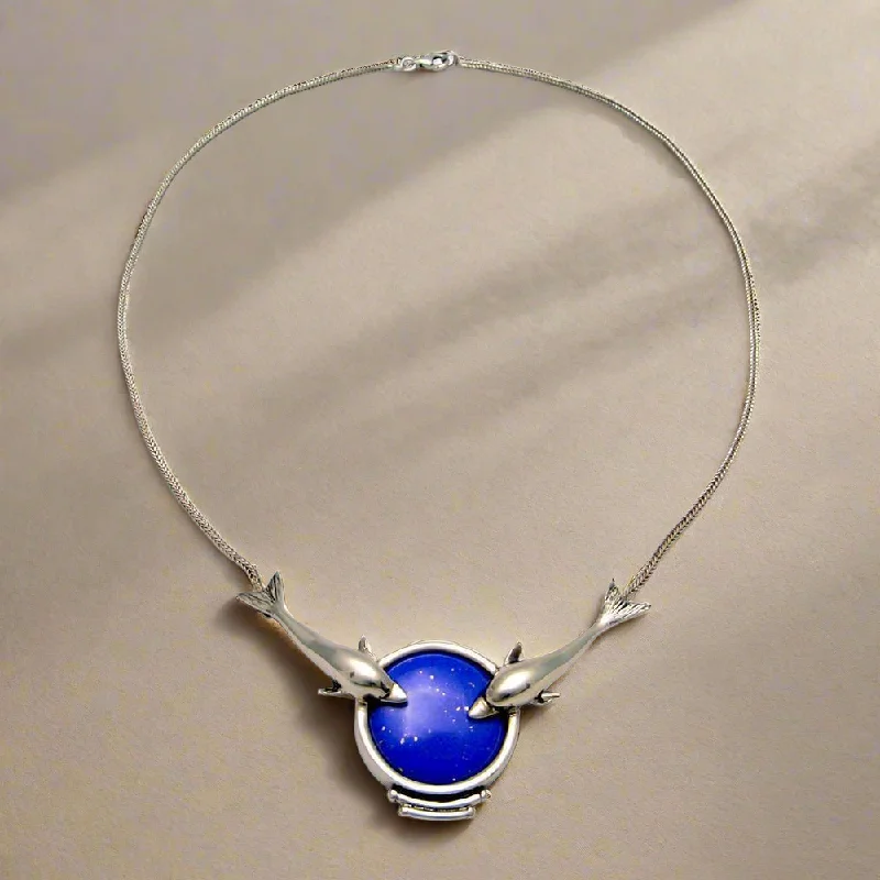 Ladies Necklaces with White Leucite-Minoan Dolphins Lapis Lazuli Sterling Silver Necklace (PE-14)