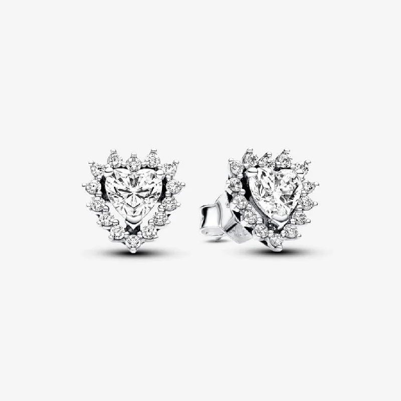 Ladies Rhinestone Studded Earrings -PANDORA : Sparkling Heart Halo Stud Earrings - Sterling Silver