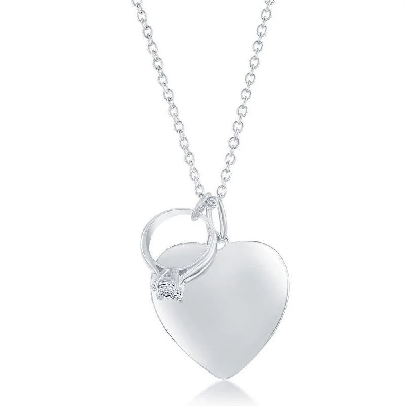 Ladies Playful Engagement Rings -Sterling Silver Shiny Heart with CZ Engagement Ring Necklace