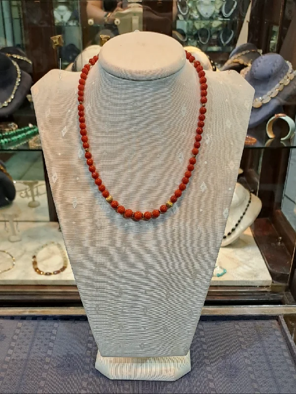 Ladies Necklaces Sterling Glow-Necklace in Red Coral Gemstones and 18k gold elements