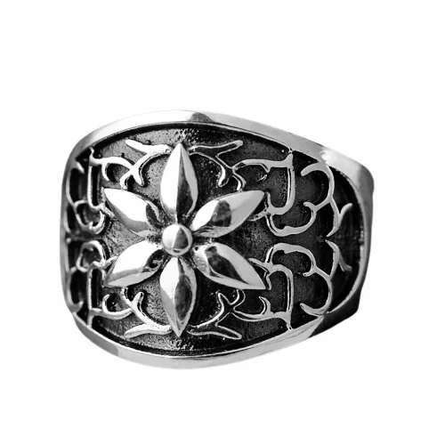 Ladies Slender Band Rings -Retro Six Point Star Carved  Ring Stainless Steel