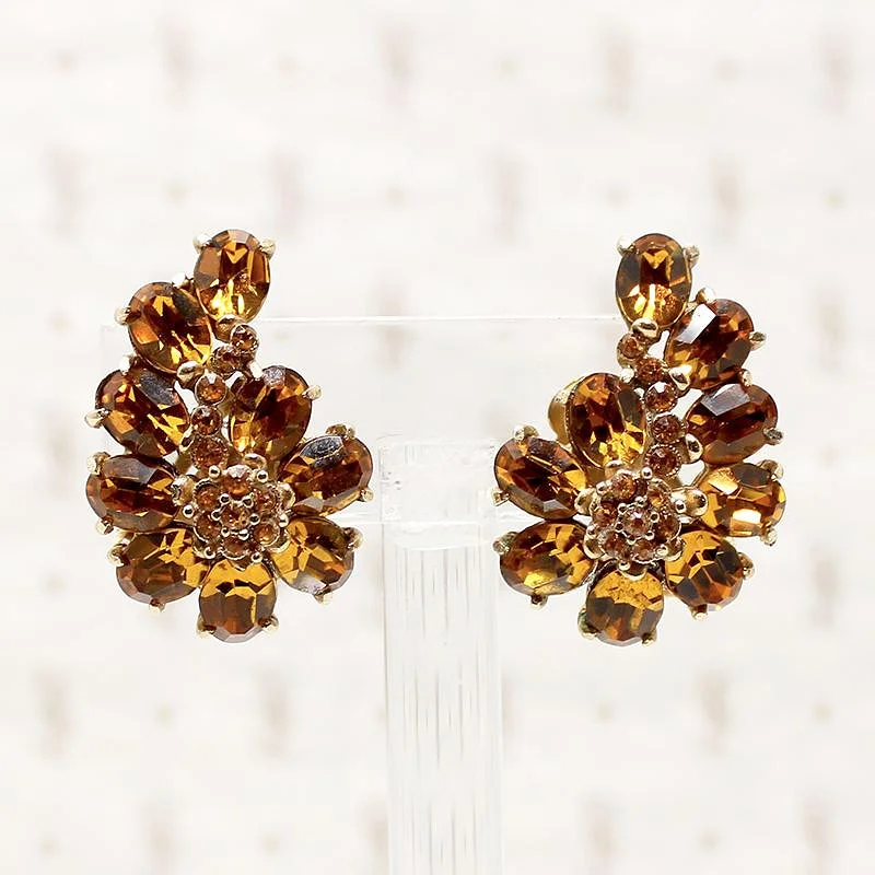 Ladies 10K Gold Earrings -Hollycraft Amber Rhinestone Paisley Clip Earrings