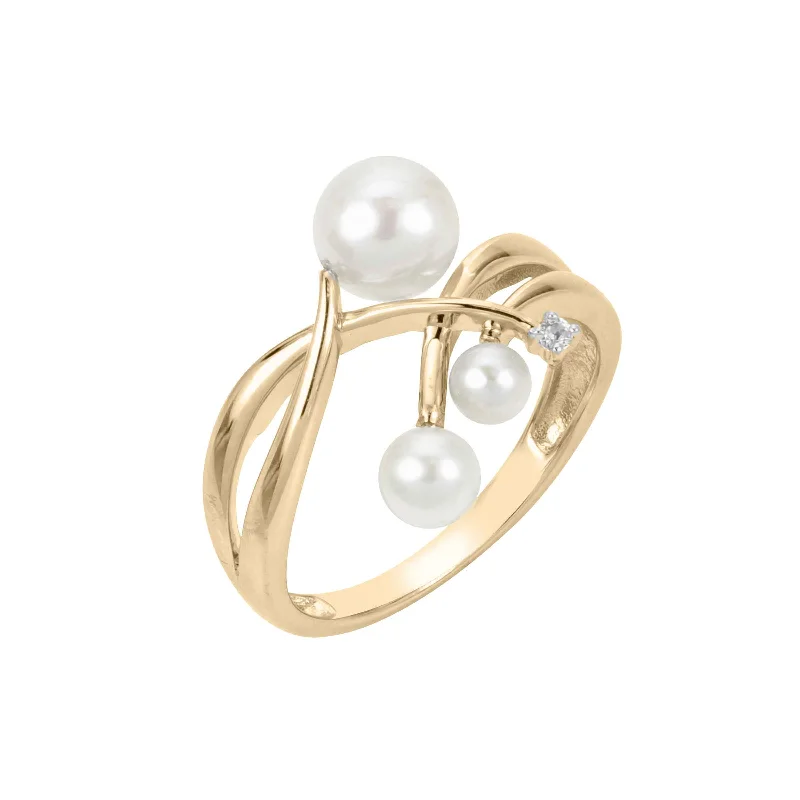 Ladies Shimmering Gem Rings -Triple Cultured Pearl Strand Ring, 14K Yellow Gold