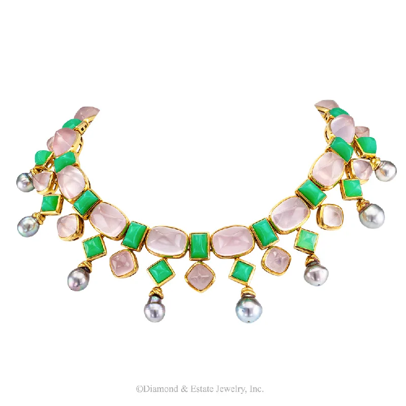 Ladies Necklaces Velvet Shine-Tony Duquette Chrysoprase Rose Quartz Tahitian Pearl Gold Necklace